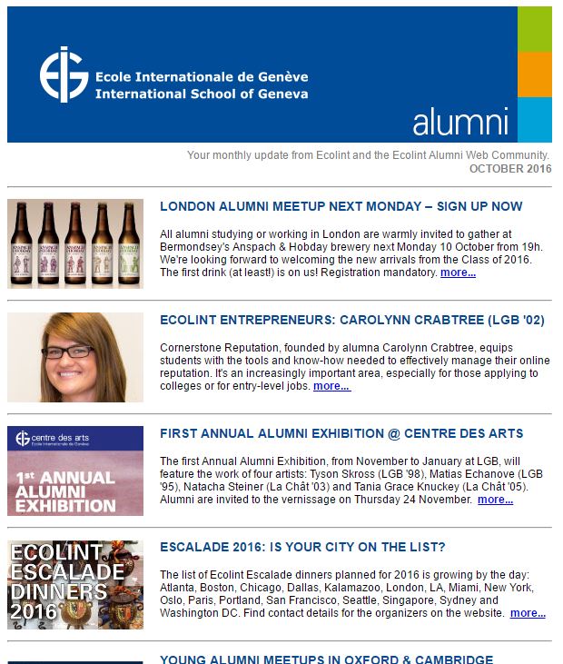 Screenshot of the Ecolint Alumni e-newsletter from October 2016